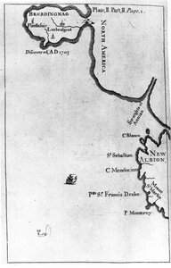 Mapa Brobdingnag, ilustracja z pierwszego wydania "Podróży Guliwera" Jonathana Swifta, 1726 r. (druk)